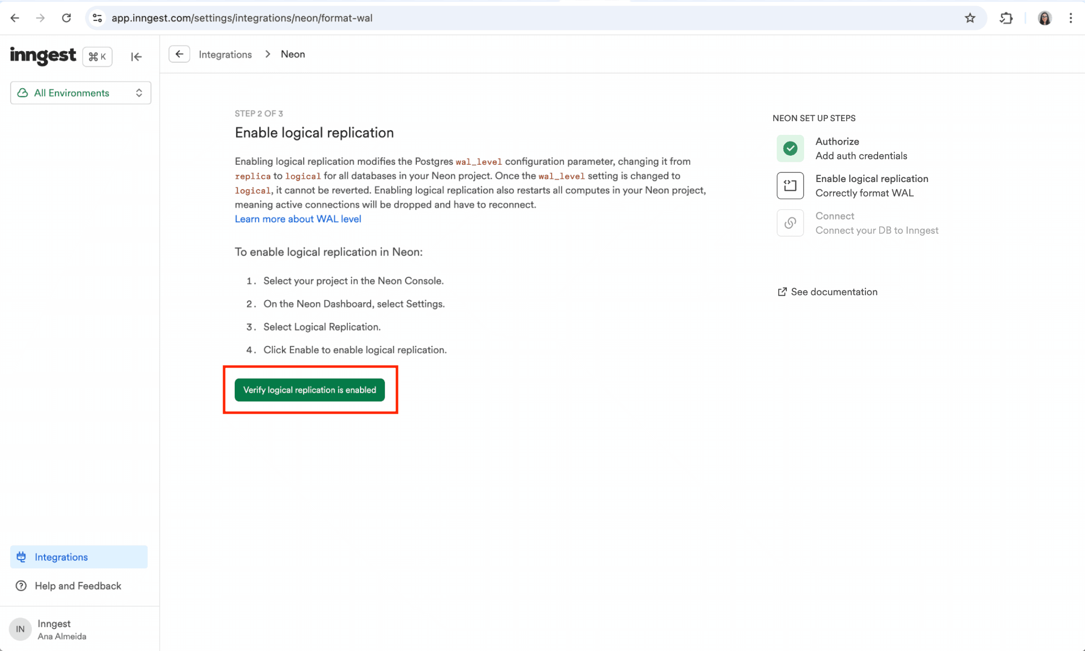 Neon verify enable logical replication step inside the Inngest integrations page