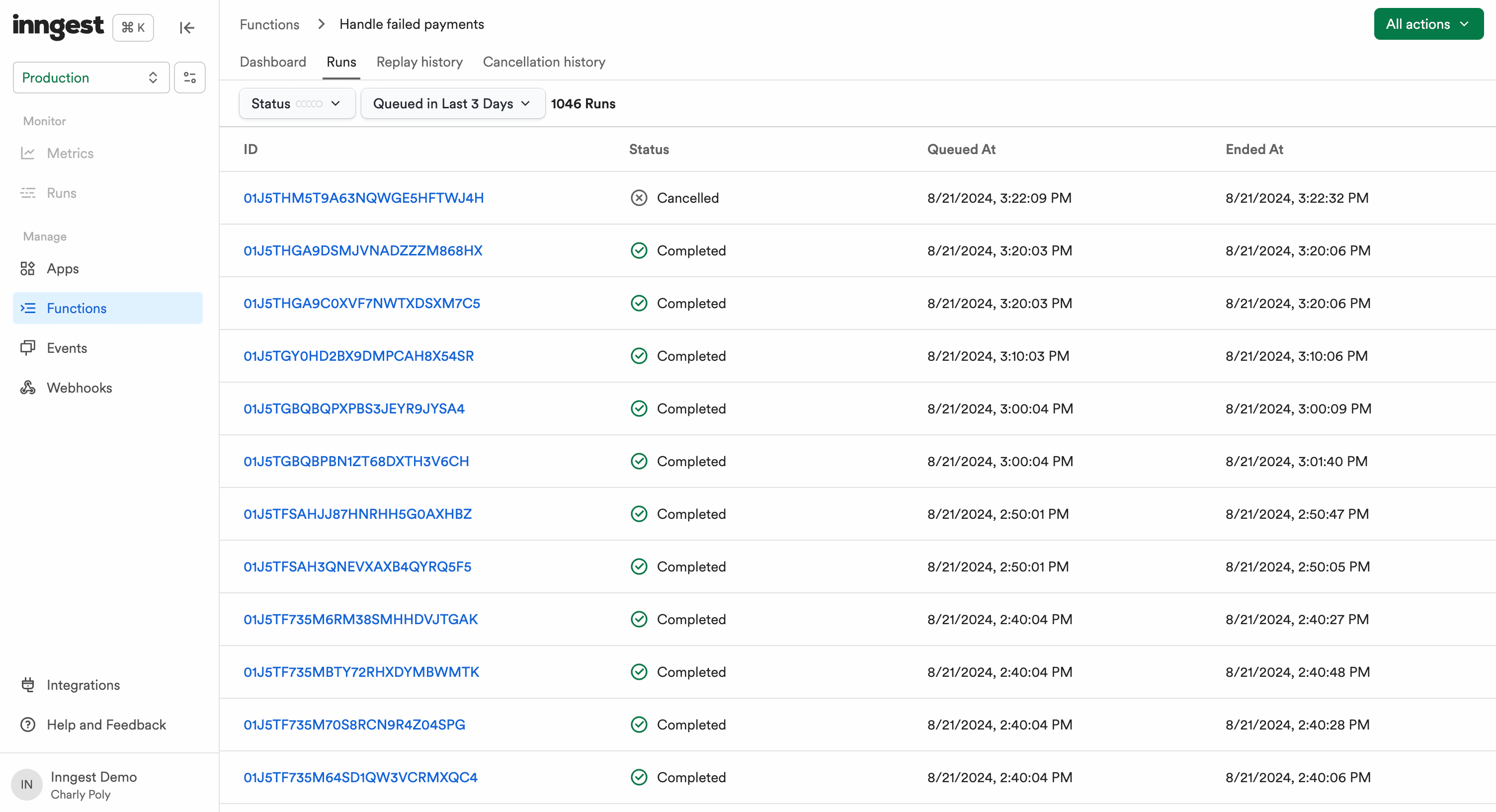 Once the Bulk Cancellation completed, the impacted Function Runs will appear as "cancelled" in the Function Runs list.