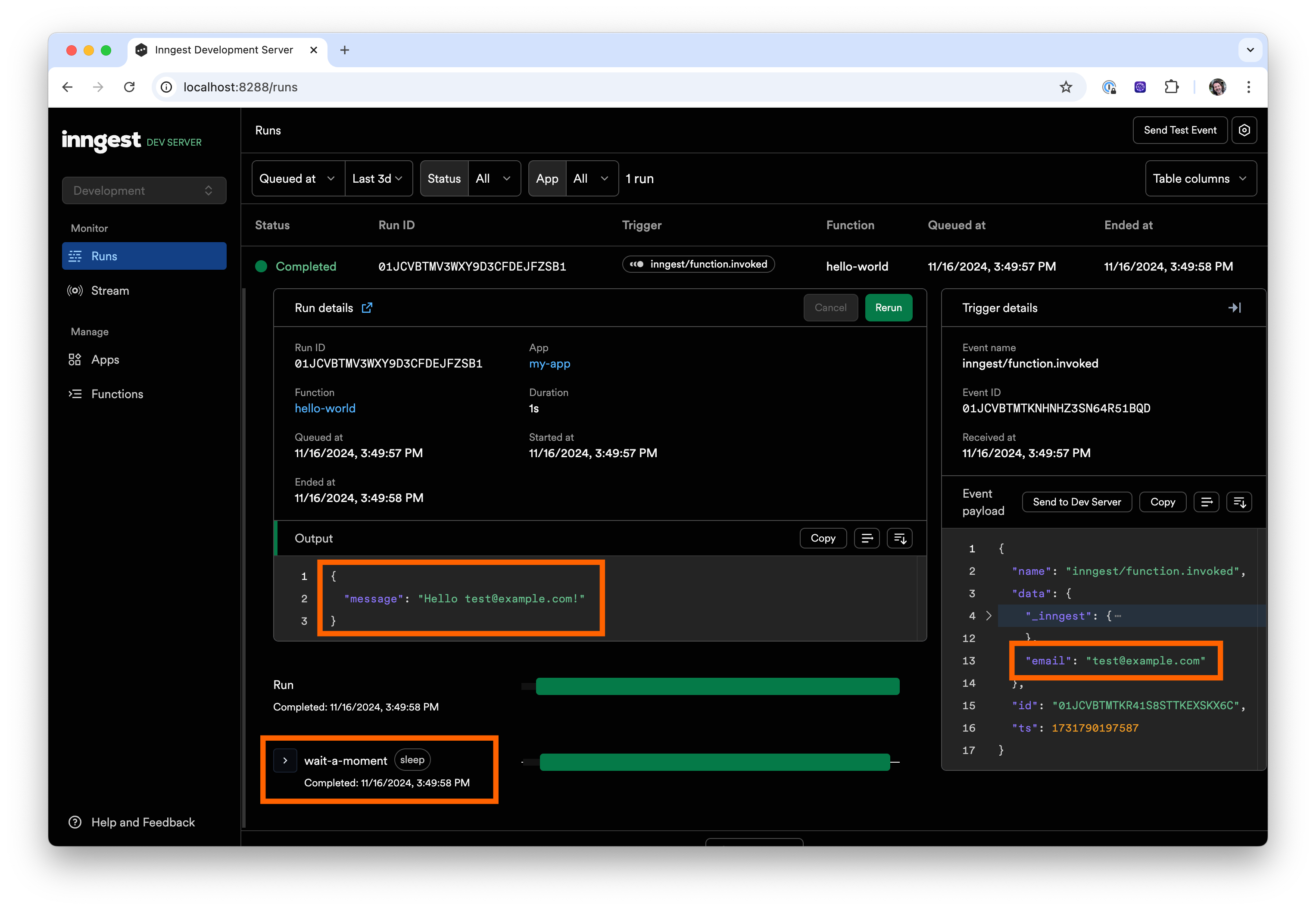 Inngest Dev Server web interface's runs tab with a single completed run expanded indicating that hello-world function ran, that it slept for 1s, and that the correct body was returned